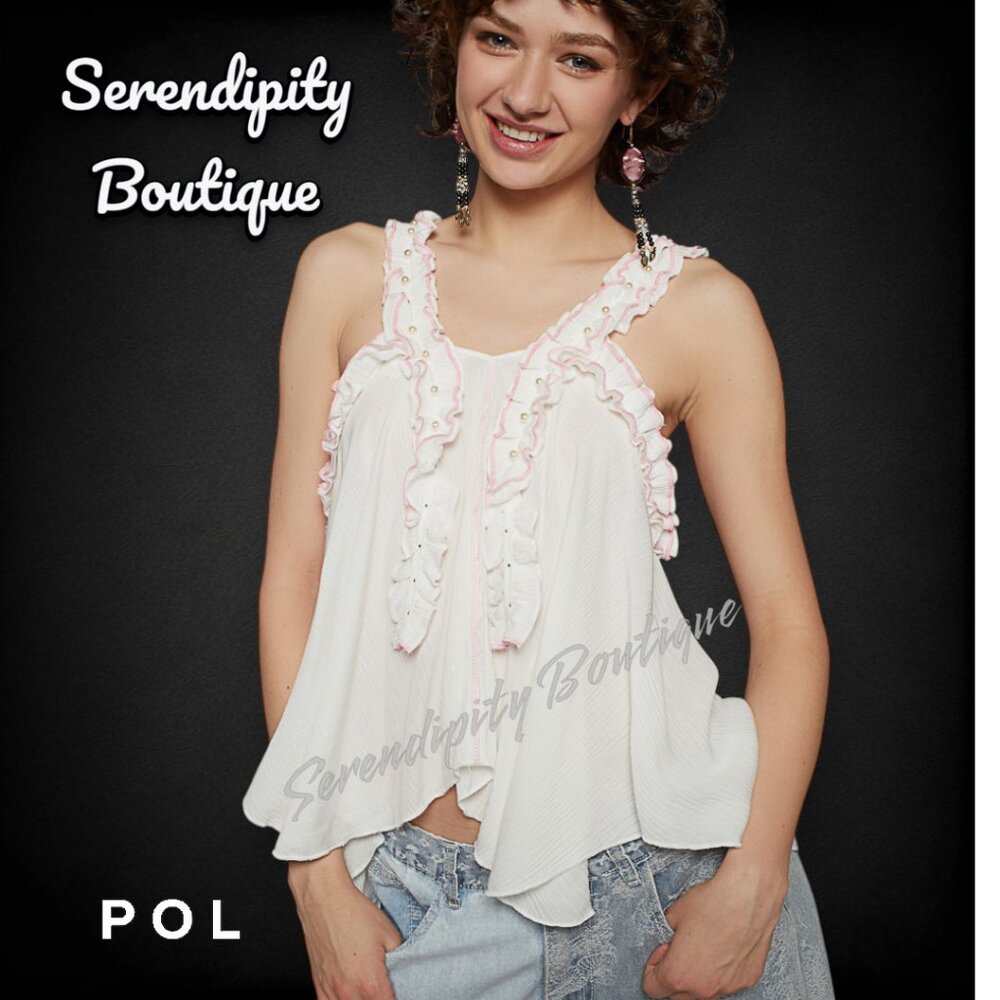 POL Flirty Girl Pink Shirred Ruffle Trim Handkerchief Drapery Babydoll Flowy top